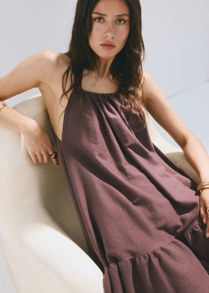 Gathered neck jersey dress — Wine