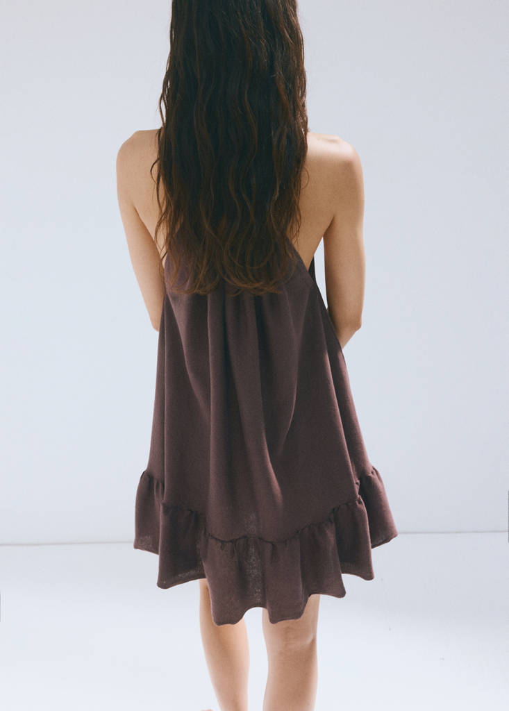 Gathered neck jersey dress — Wine