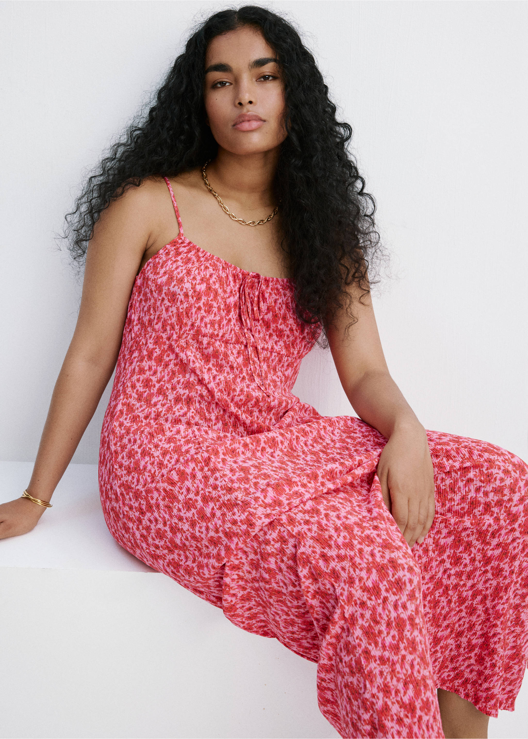Floral-print pleated dress - Details of the article 5, Pink. Ref: 37011390-00.