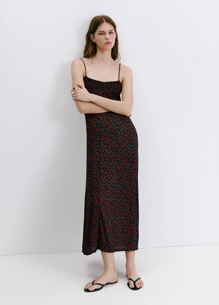 Floral midi-dress with gathered neckline — Black