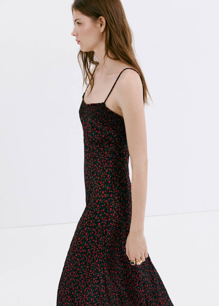 Floral midi-dress with gathered neckline — Black