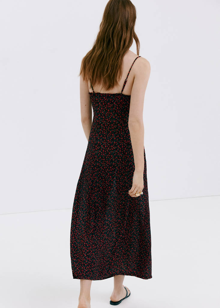 Floral midi-dress with gathered neckline — Black