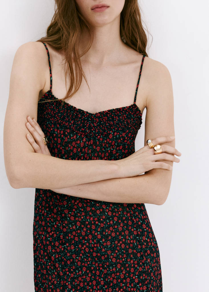 Floral midi-dress with gathered neckline — Black