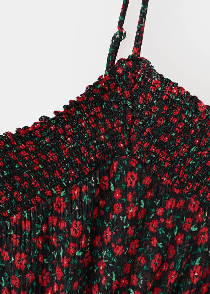 Floral midi-dress with gathered neckline — Black