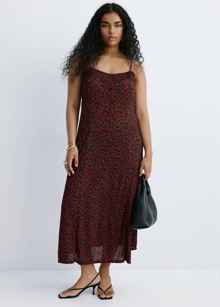 Floral midi-dress with gathered neckline — Black