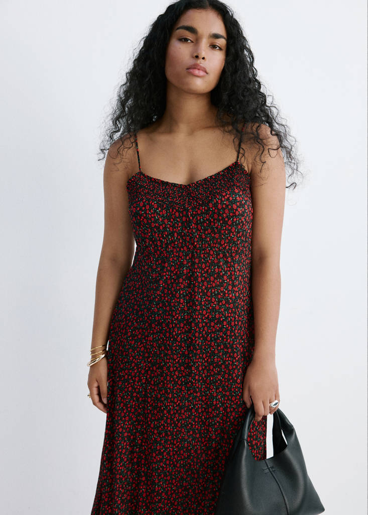 Floral midi-dress with gathered neckline — Black