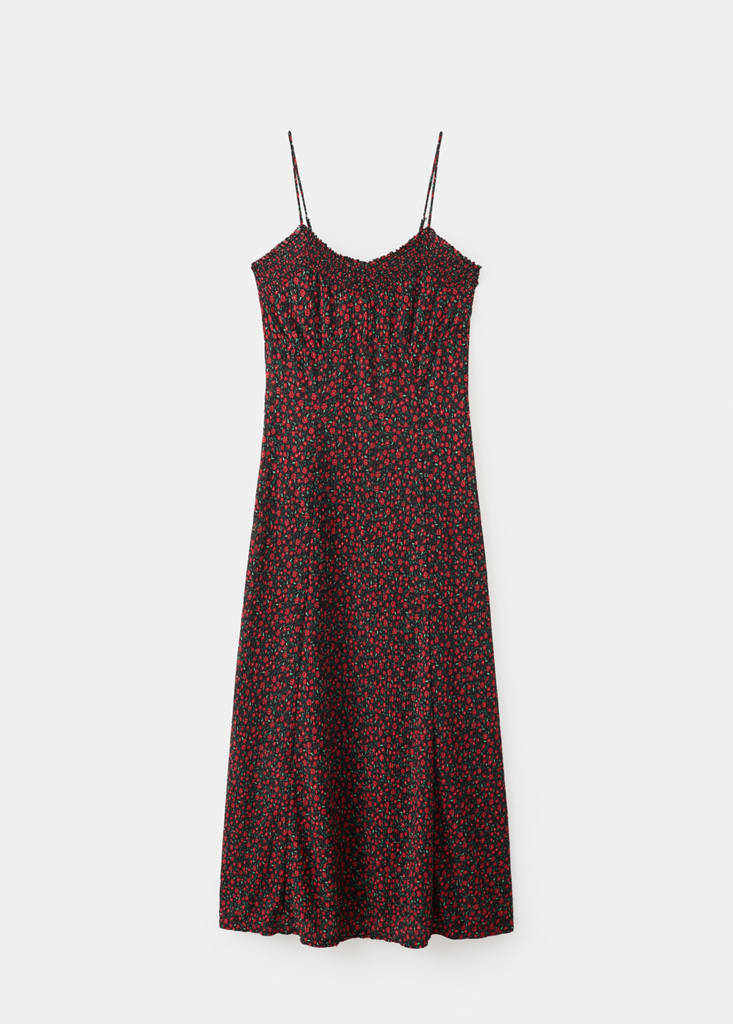 Floral midi-dress with gathered neckline — Black