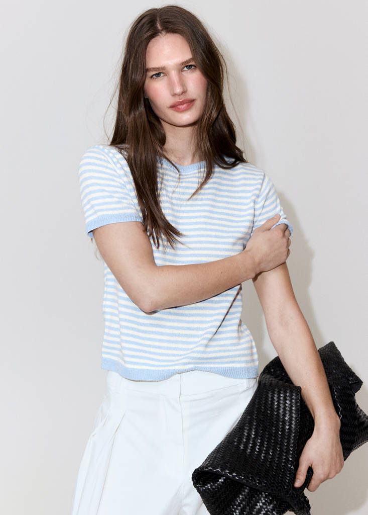 Striped short-sleeved sweater — Sky Blue