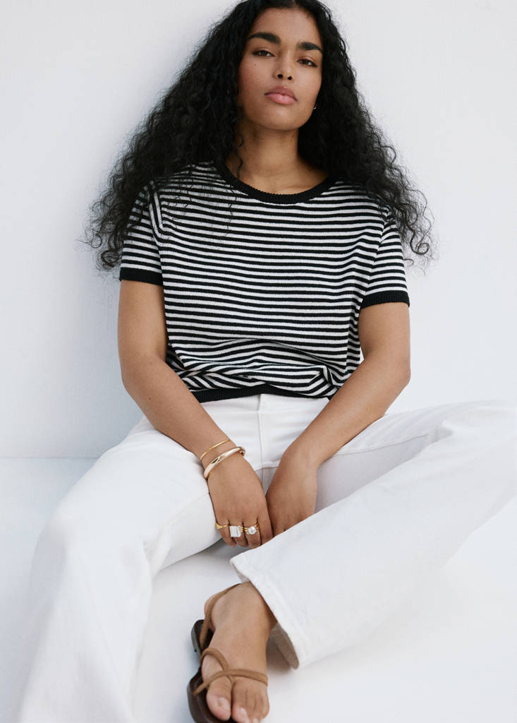Striped short-sleeved sweater — Black