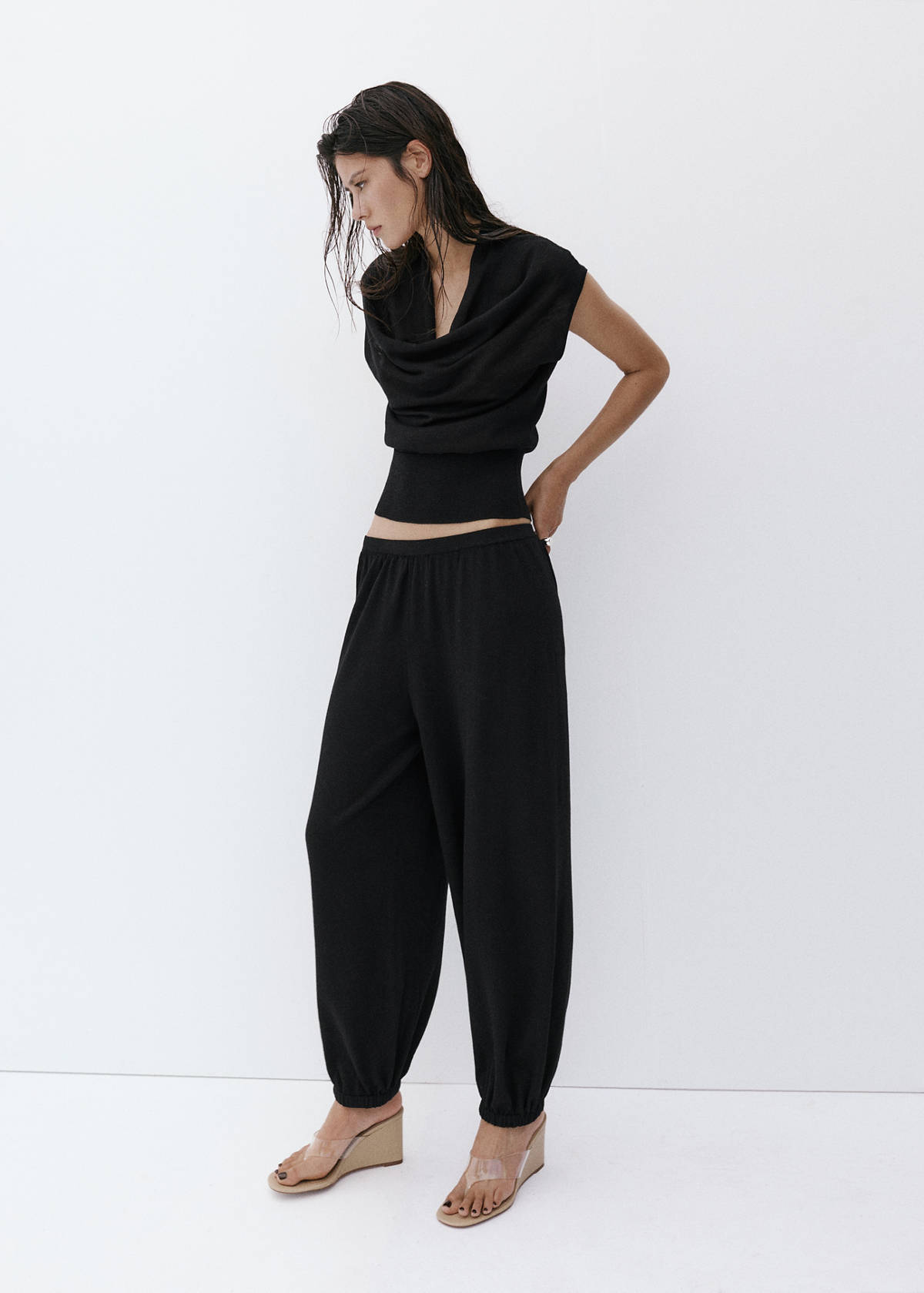 Knitted sweater with draped neck — Black
