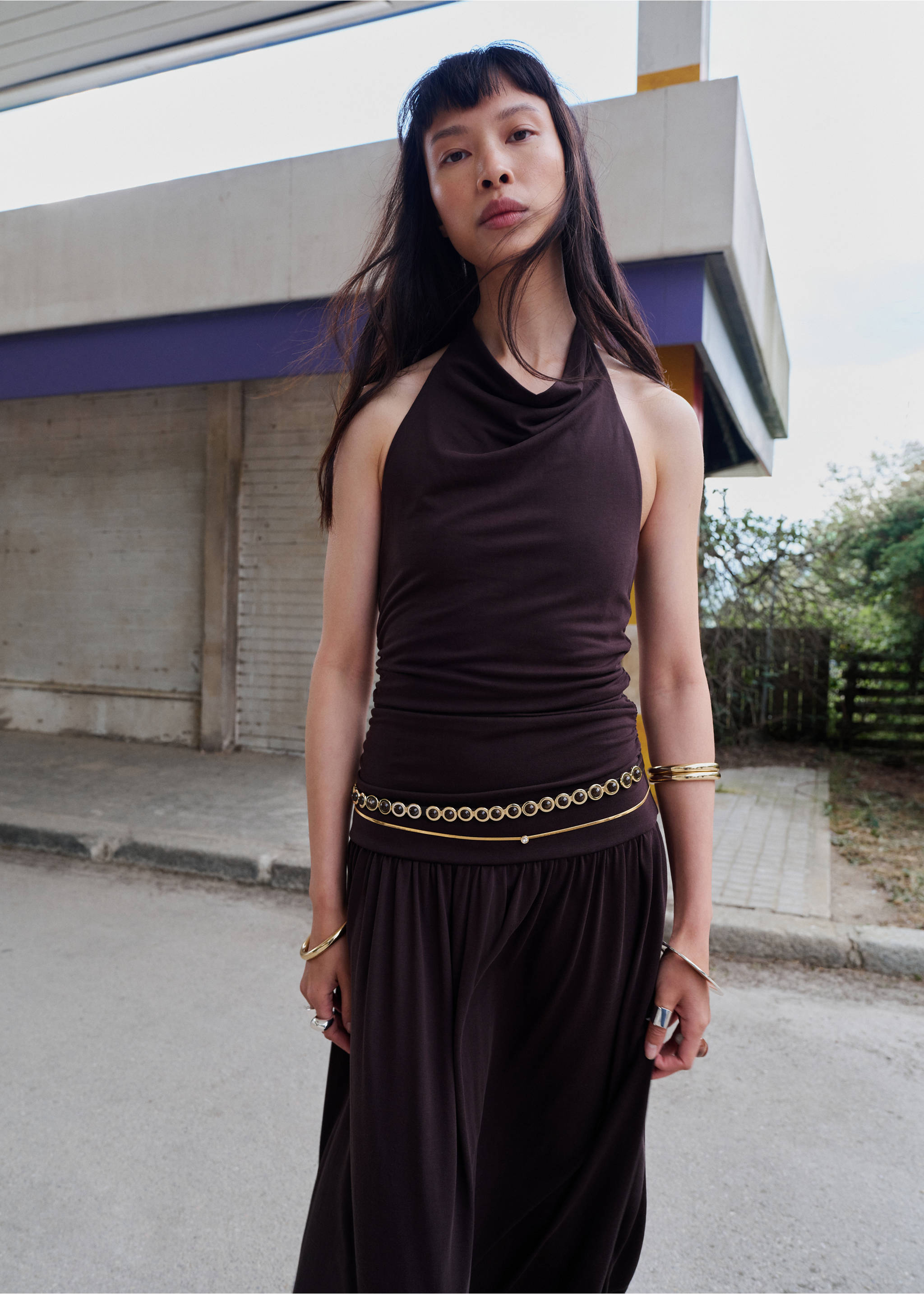Draped halter dress - Medium plane, Brown. Ref: 37011394-00.