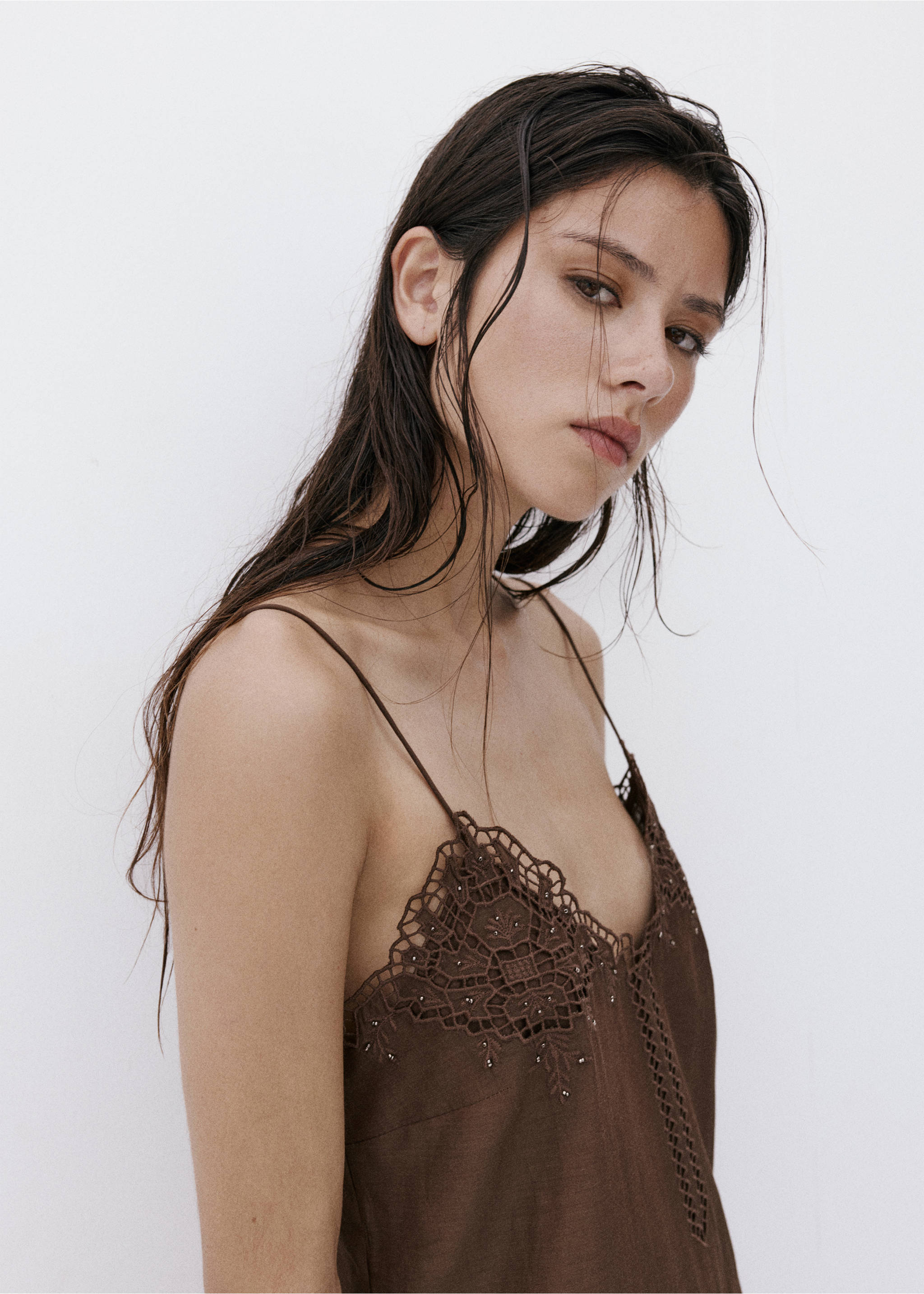Openwork embroidered strap dress - Details of the article 1, Chocolate. Ref: 37011397-00.