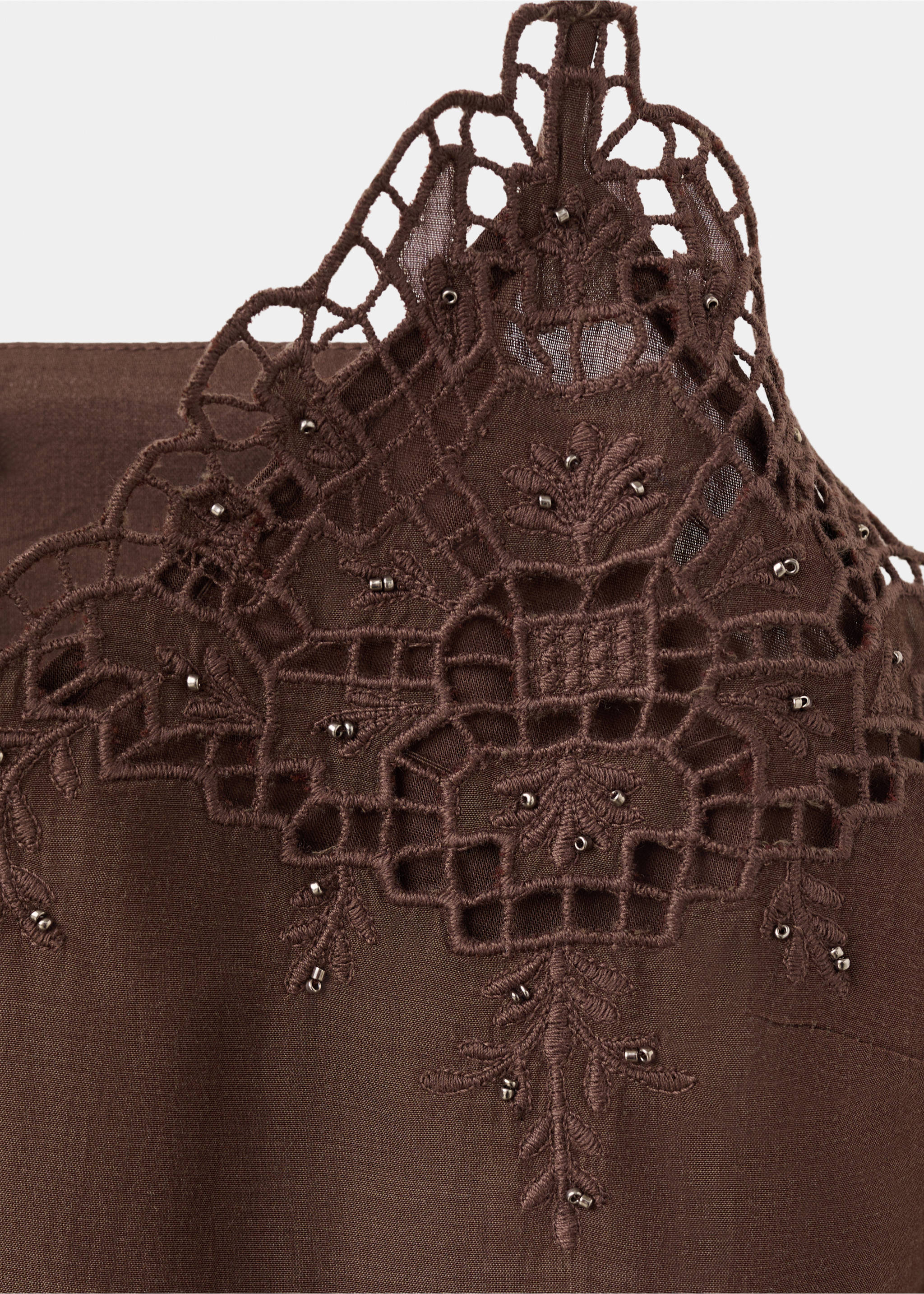 Openwork embroidered strap dress - Details of the article 8, Chocolate. Ref: 37011397-00.