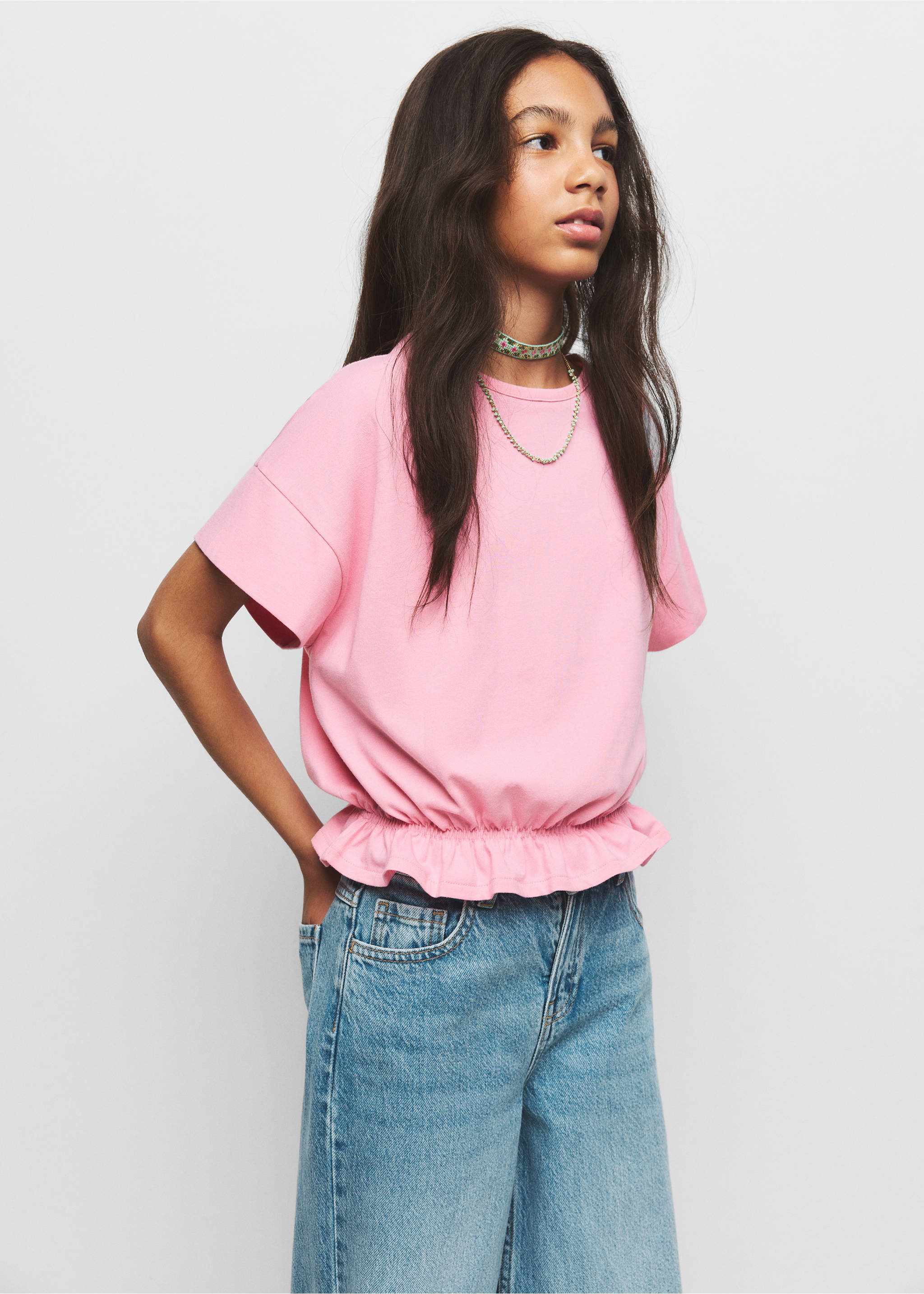 Cotton ruched hem T-shirt - Medium plane, Pink. Ref: 37011398-00.