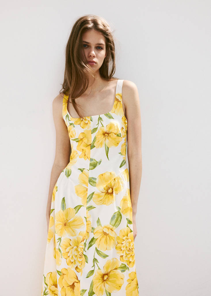 Floral-print dress with gathered waist — Yellow