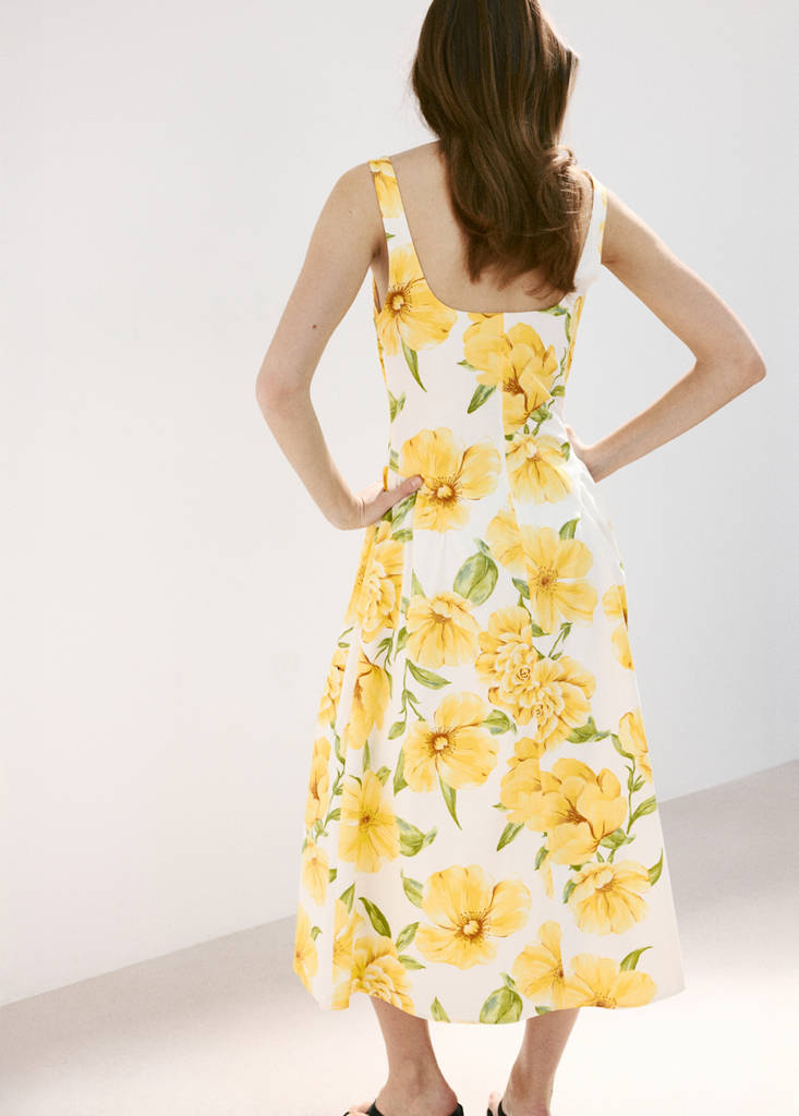 Floral-print dress with gathered waist — Yellow