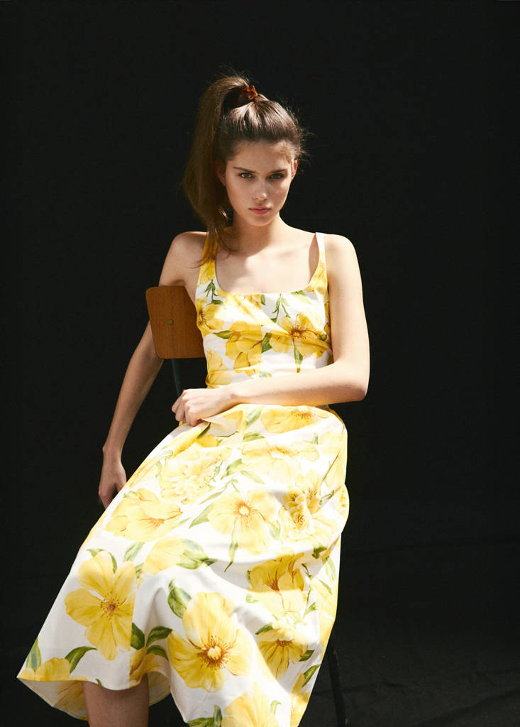 Floral-print dress with gathered waist — Yellow