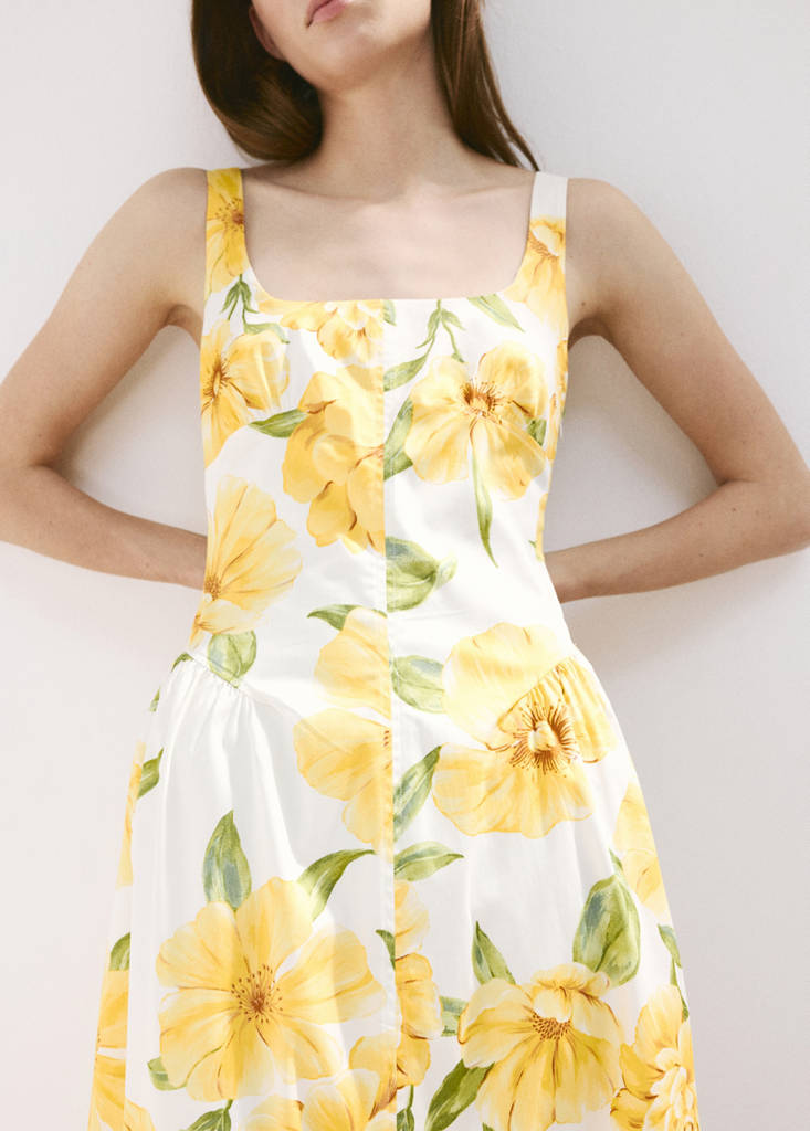 Floral-print dress with gathered waist — Yellow