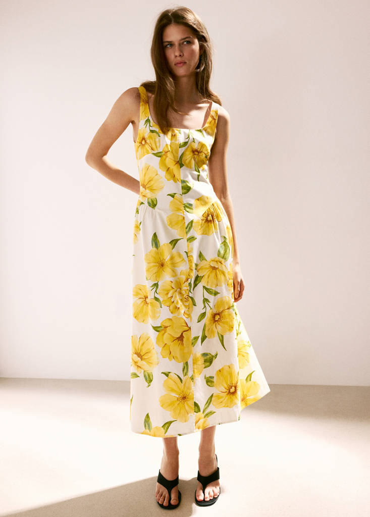 Floral-print dress with gathered waist — Yellow