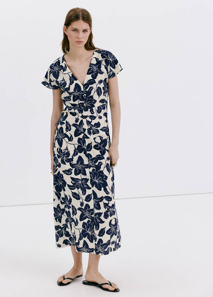 Side ruched floral dress — Ecru