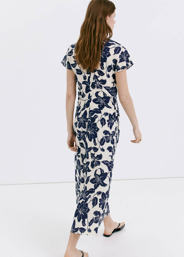 Side ruched floral dress — Ecru