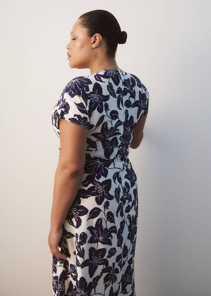 Side ruched floral dress — Ecru