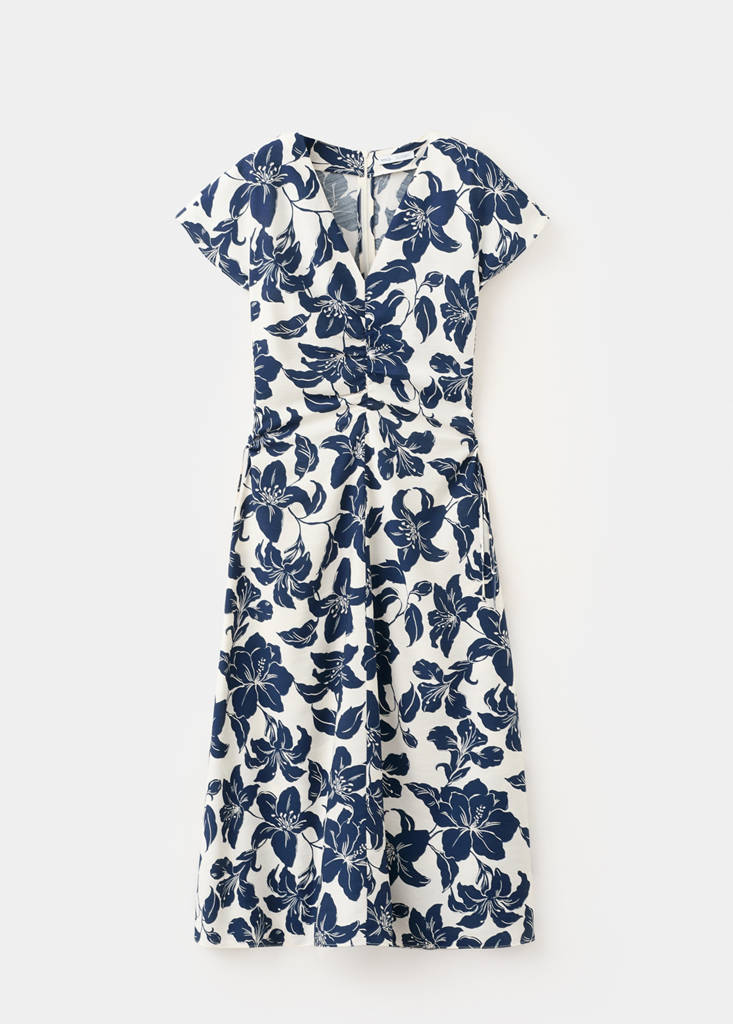 Side ruched floral dress — Ecru
