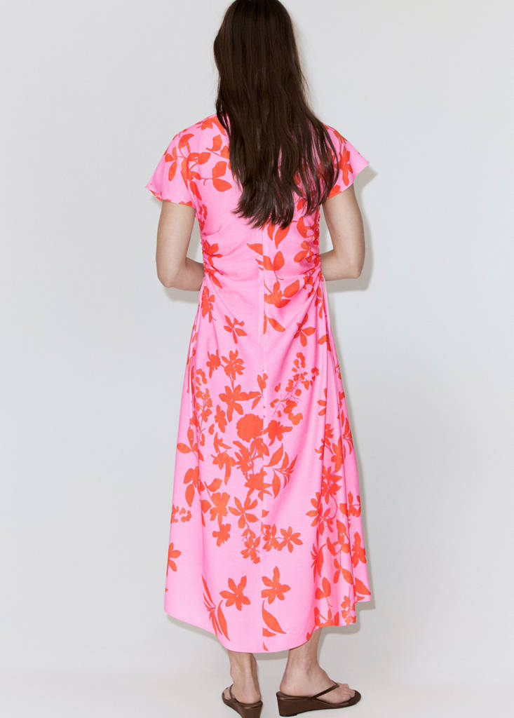 Side ruched floral dress — Pink