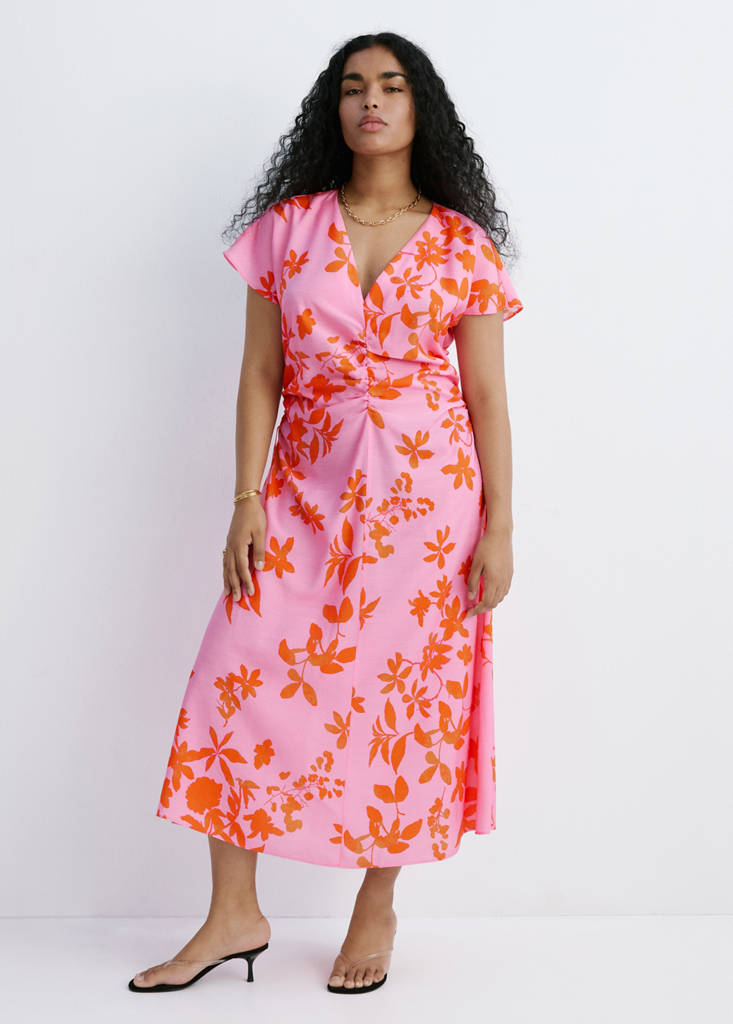 Side ruched floral dress — Pink