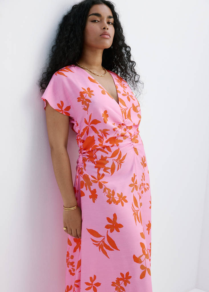 Side ruched floral dress — Pink