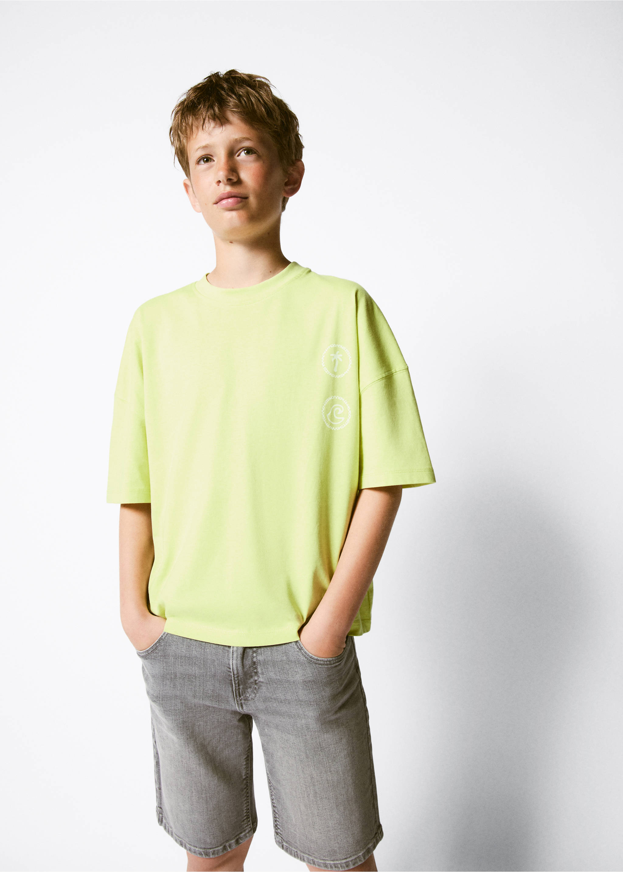 Printed cotton-blend t-shirt - Medium plane, Lime. Ref: 37011413-00.