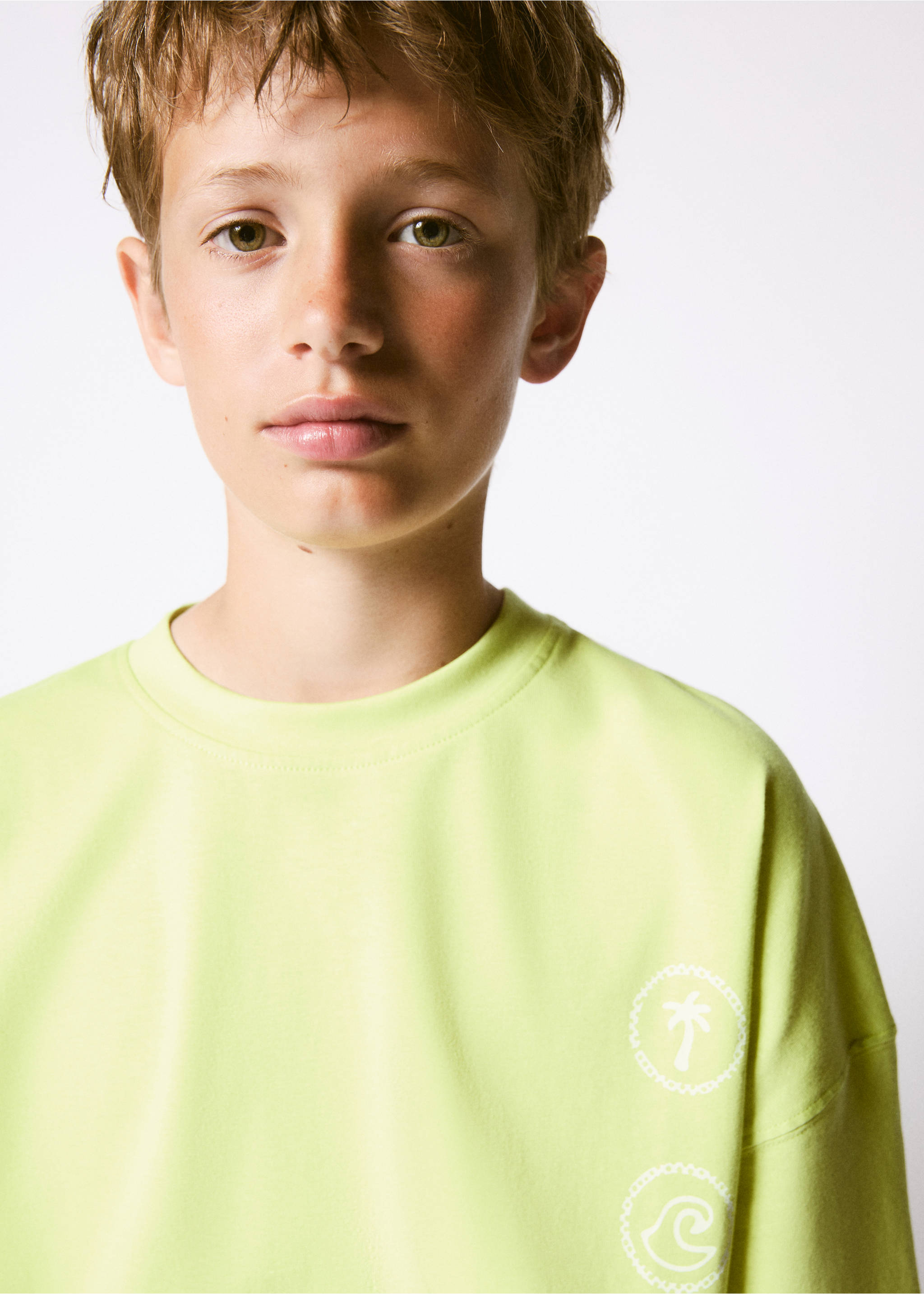 Printed cotton-blend t-shirt - Details of the article 1, Lime. Ref: 37011413-00.