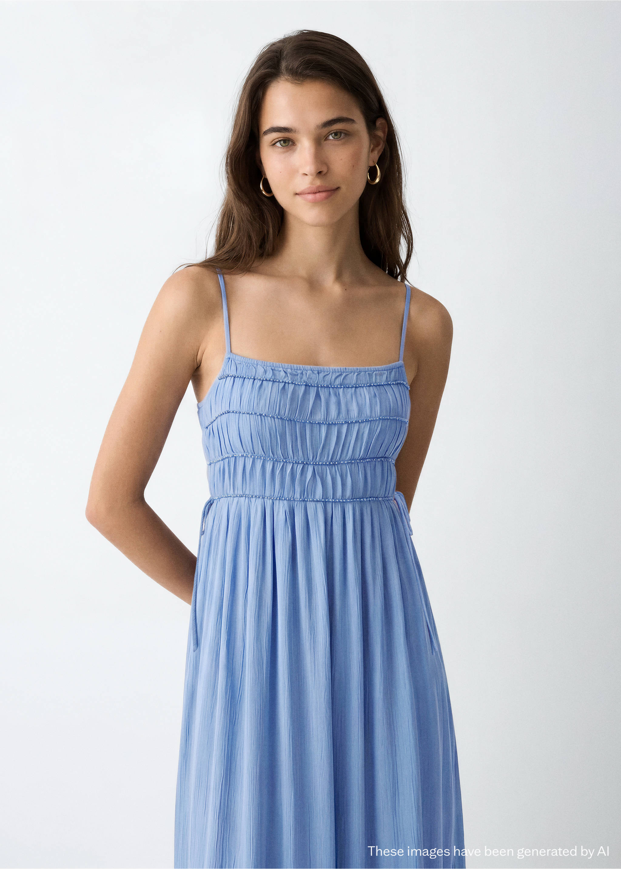 Robe longue détail perles - Plan moyen, Bleu ciel. Ref: 37011457-00.