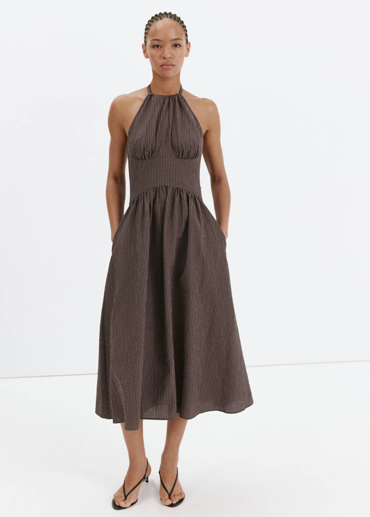 Gingham check halter dress — Brown