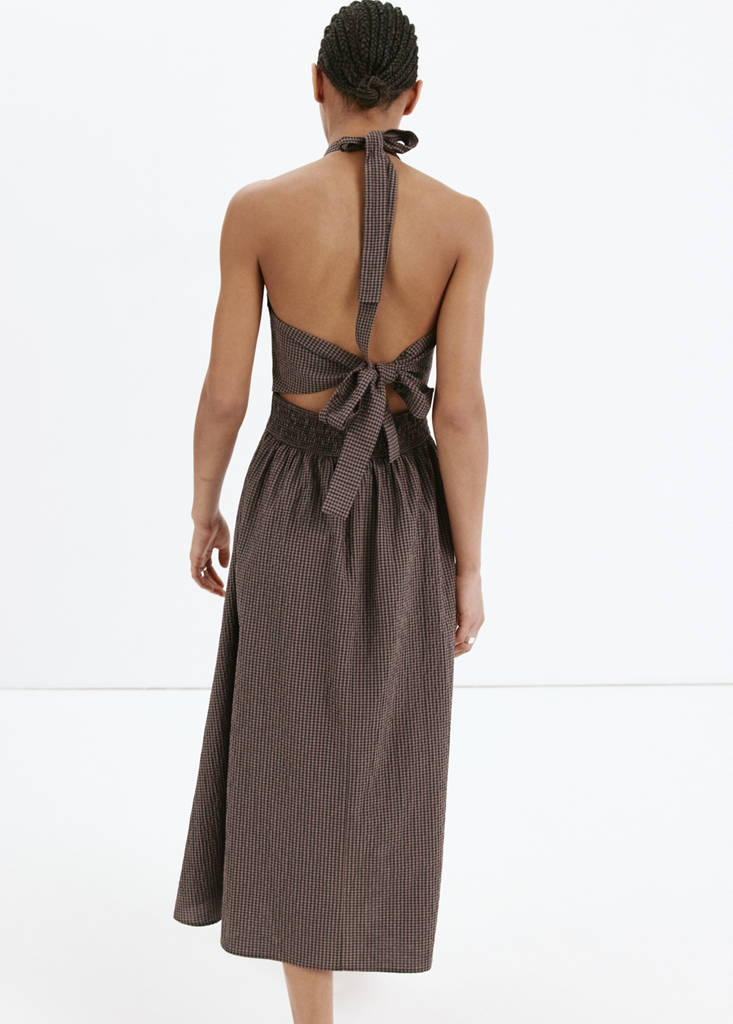 Gingham check halter dress — Brown