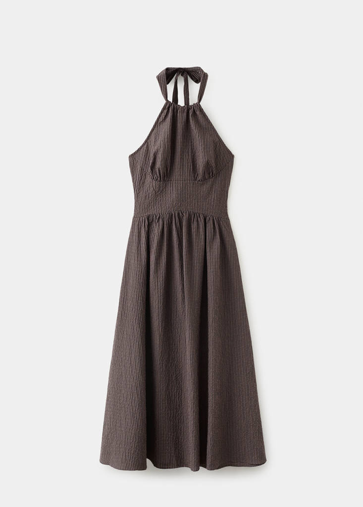 Gingham check halter dress — Brown
