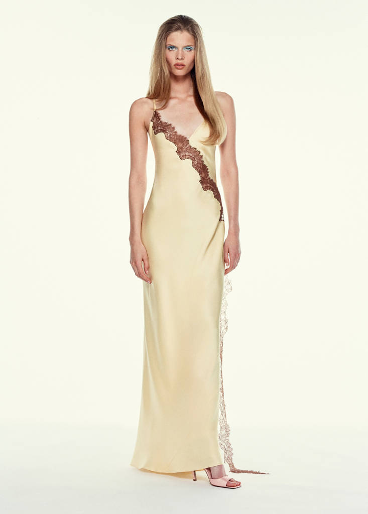 Satin lace dress with lace trim — Pastel Yellow