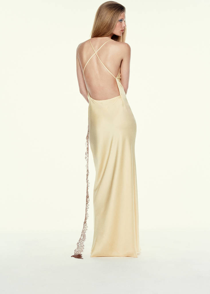 Satin lace dress with lace trim — Pastel Yellow