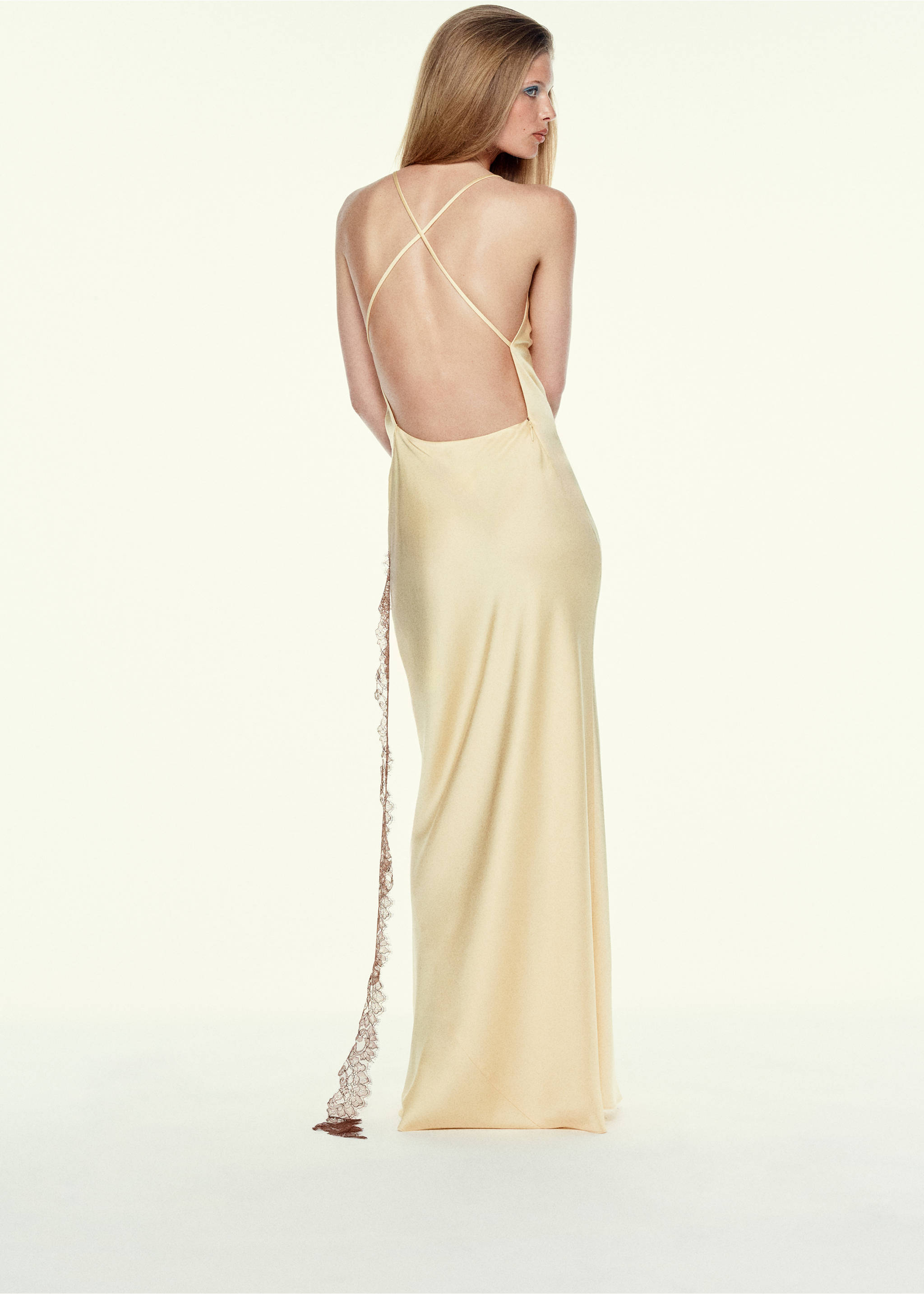 Satin lace dress with lace trim - Reverse of the article, Pastel Yellow. Ref: 37011462-00.