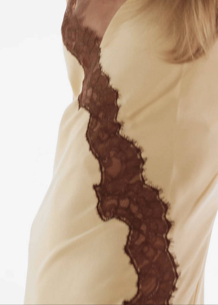 Satin dress with blonde lace