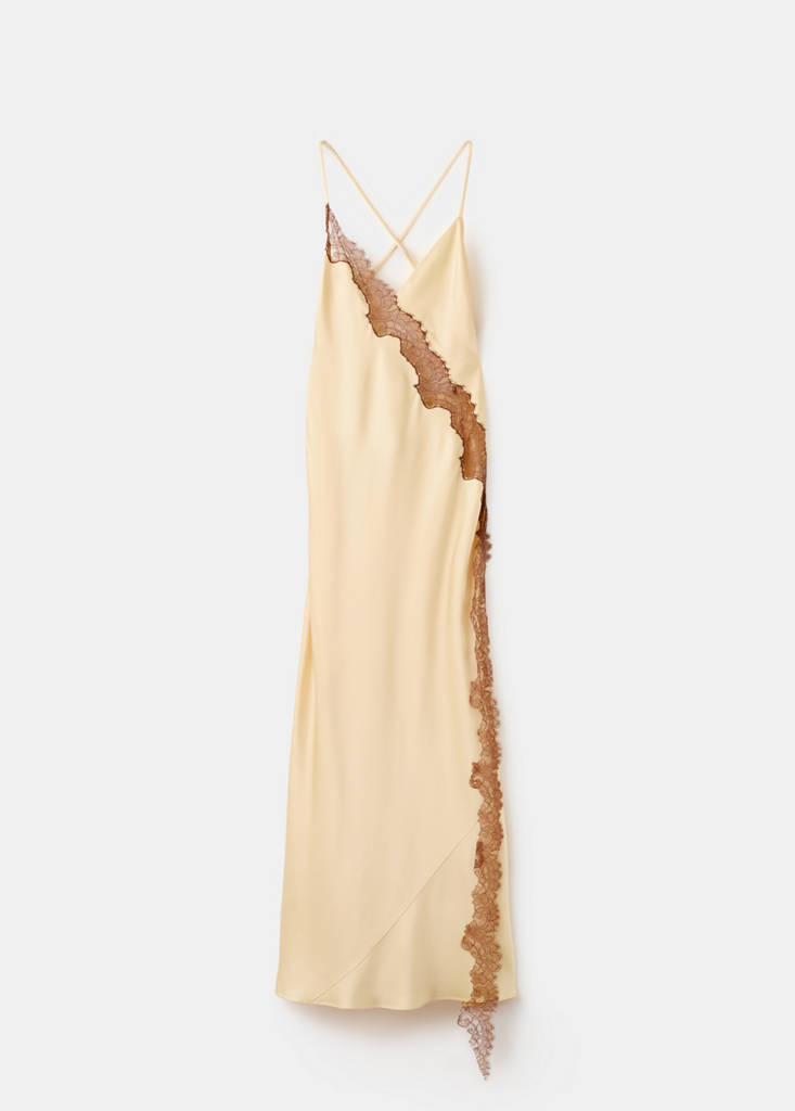 Satin lace dress with lace trim — Pastel Yellow