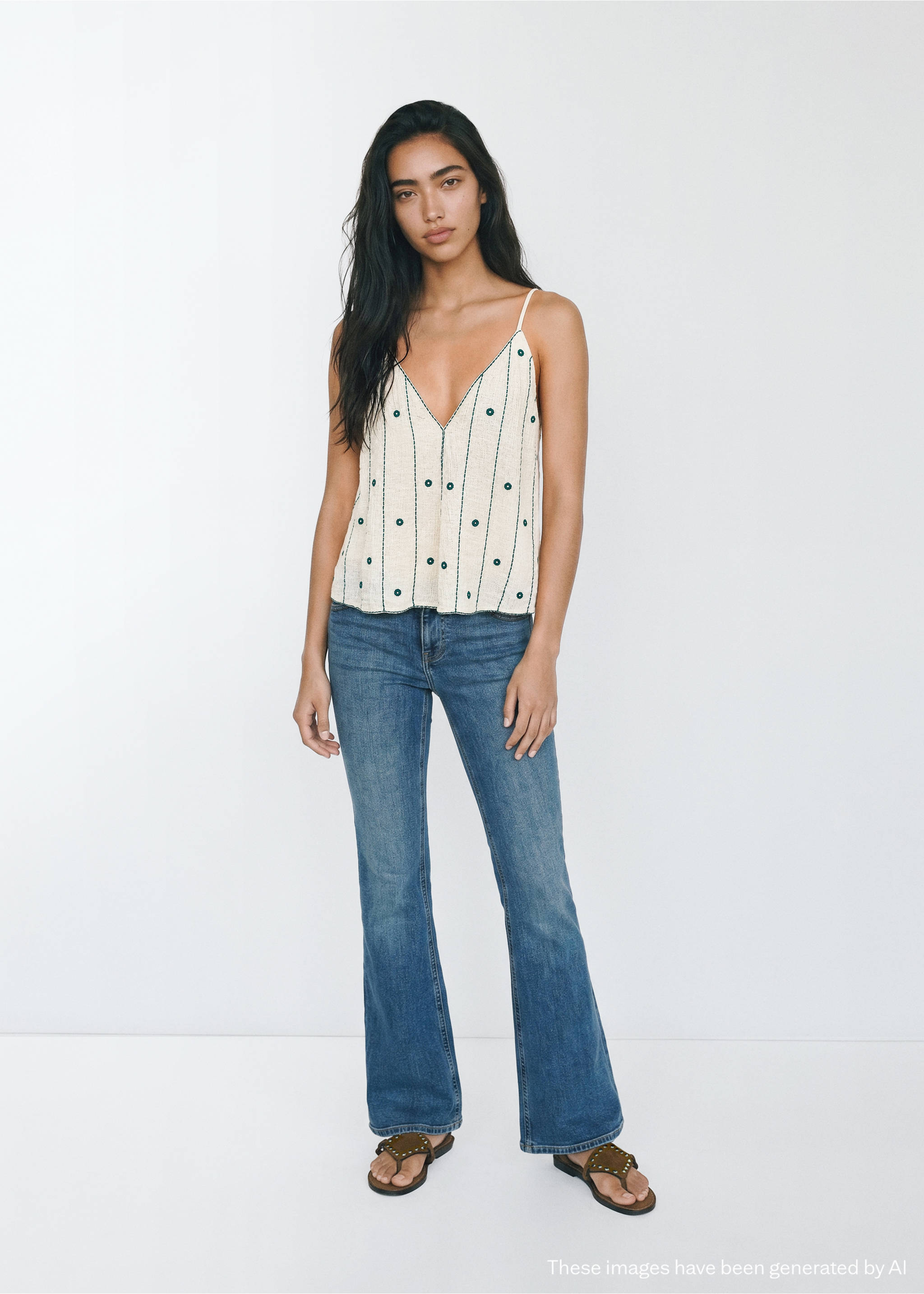 Embroidered detail strappy top - General plane, Off White. Ref: 37011511-00.