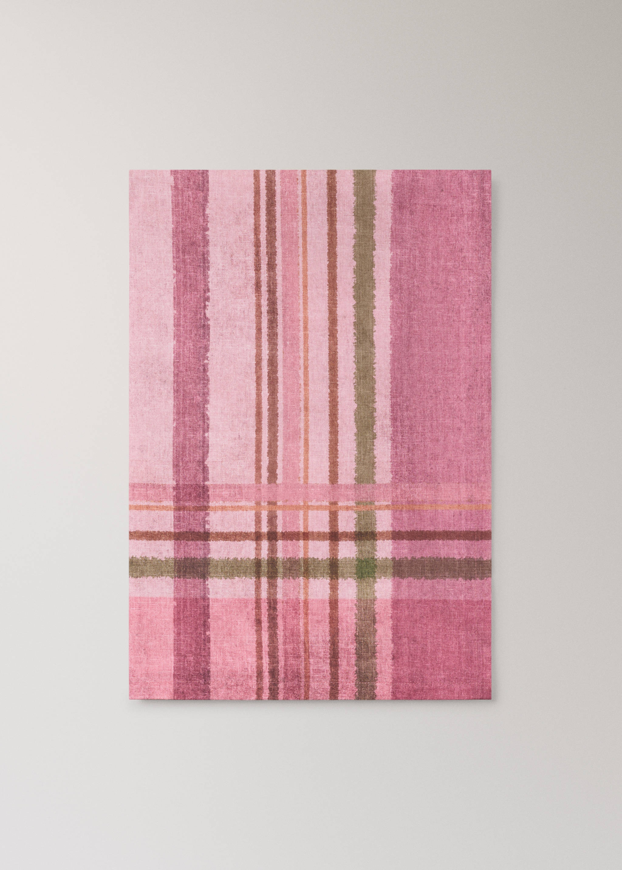 Pink check tablecloth with green and brown stripes.