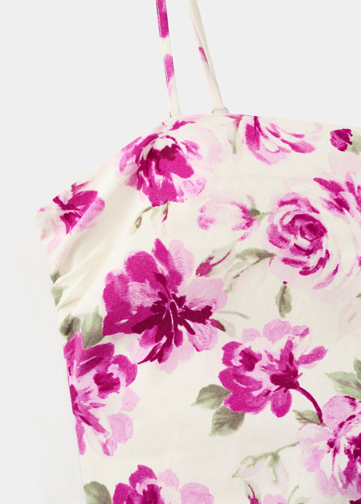Side ruched floral dress — Ecru