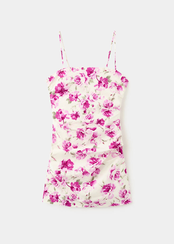 Side ruched floral dress — Ecru