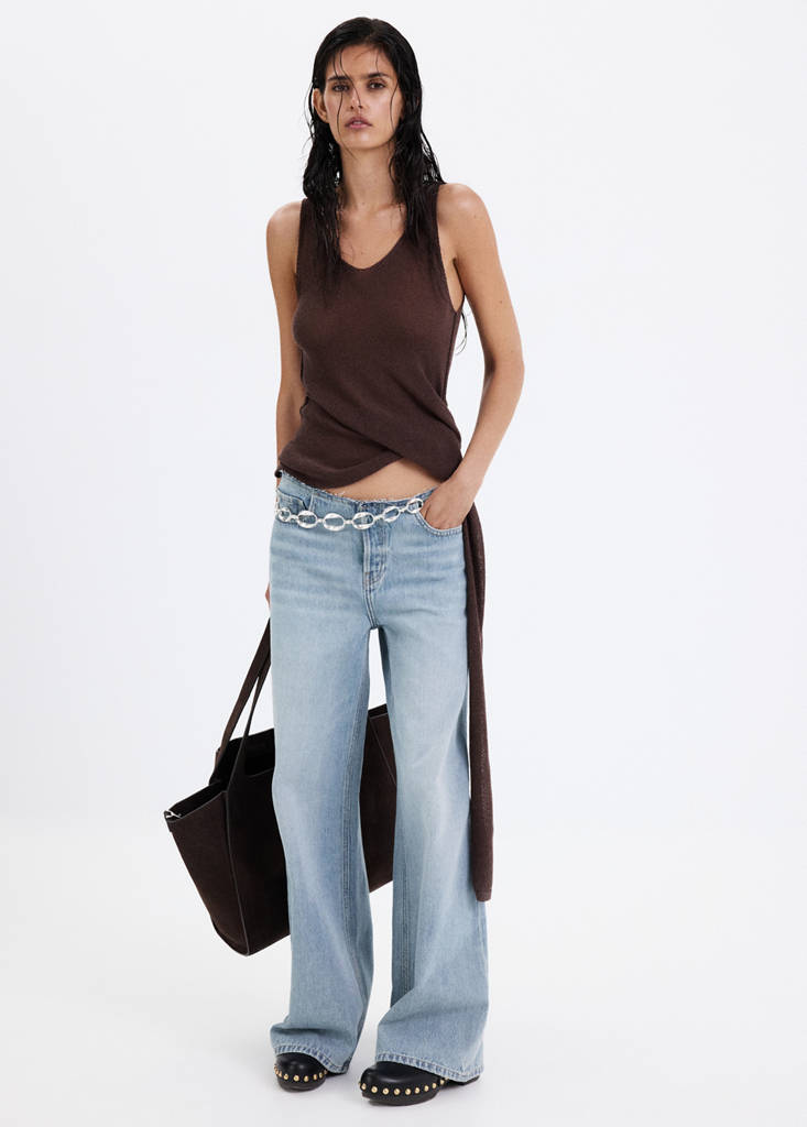 Wide-leg jeans with frayed waistband — Medium Blue
