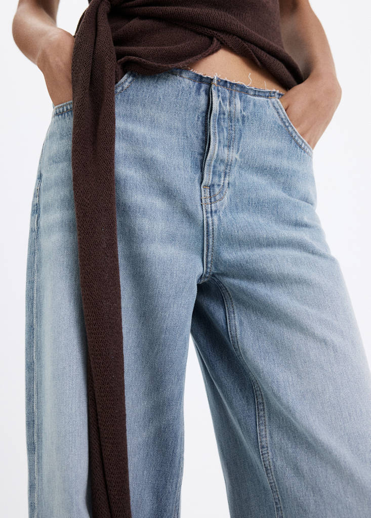 Wide-leg jeans with frayed waistband — Medium Blue