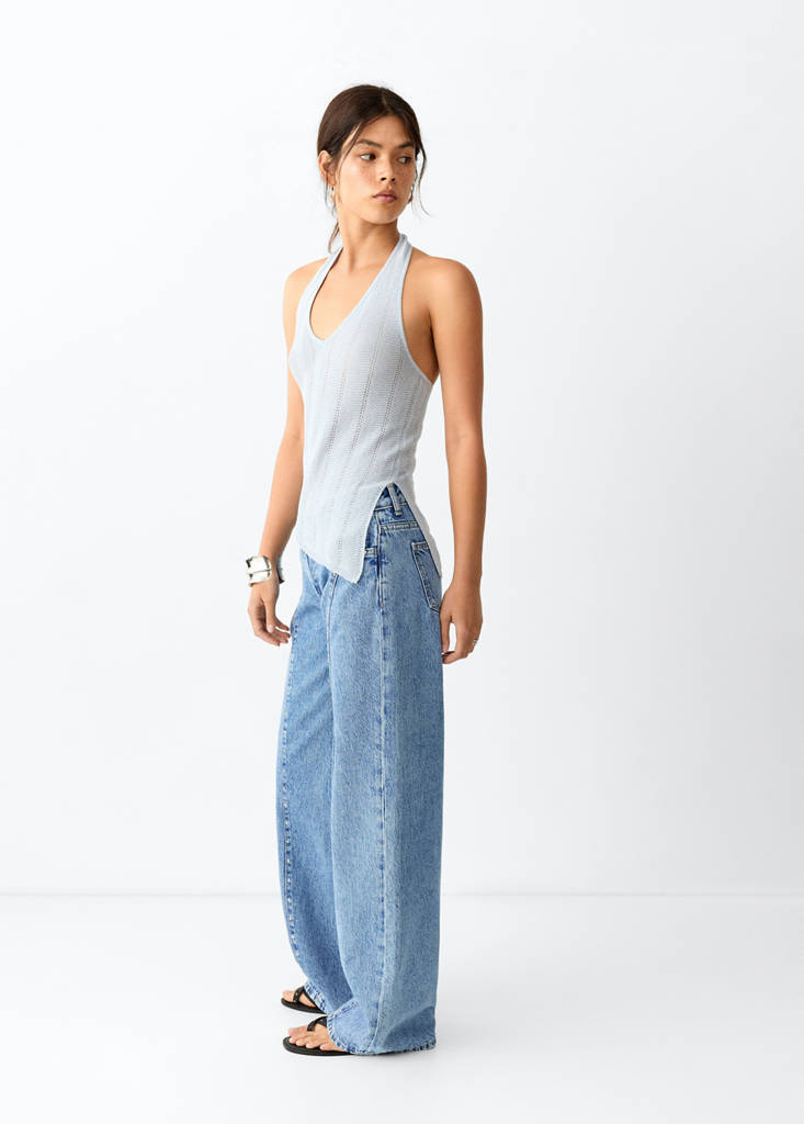Wide-leg jeans with studded seams — Medium Blue