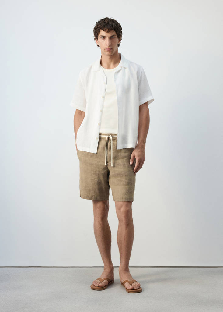 Linen blend checked Bermuda shorts — Medium Brown