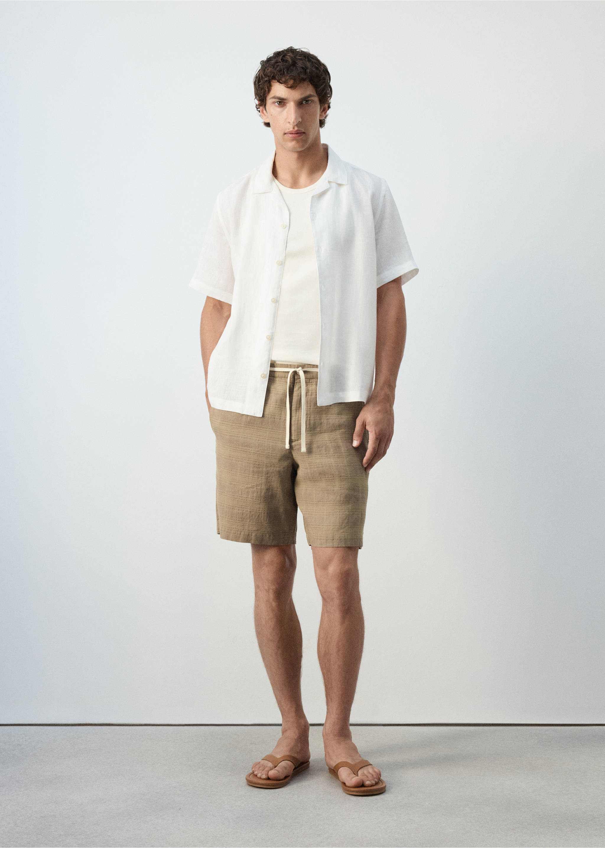 Linen blend checked Bermuda shorts - General plane, Medium Brown. Ref: 37012892-00.